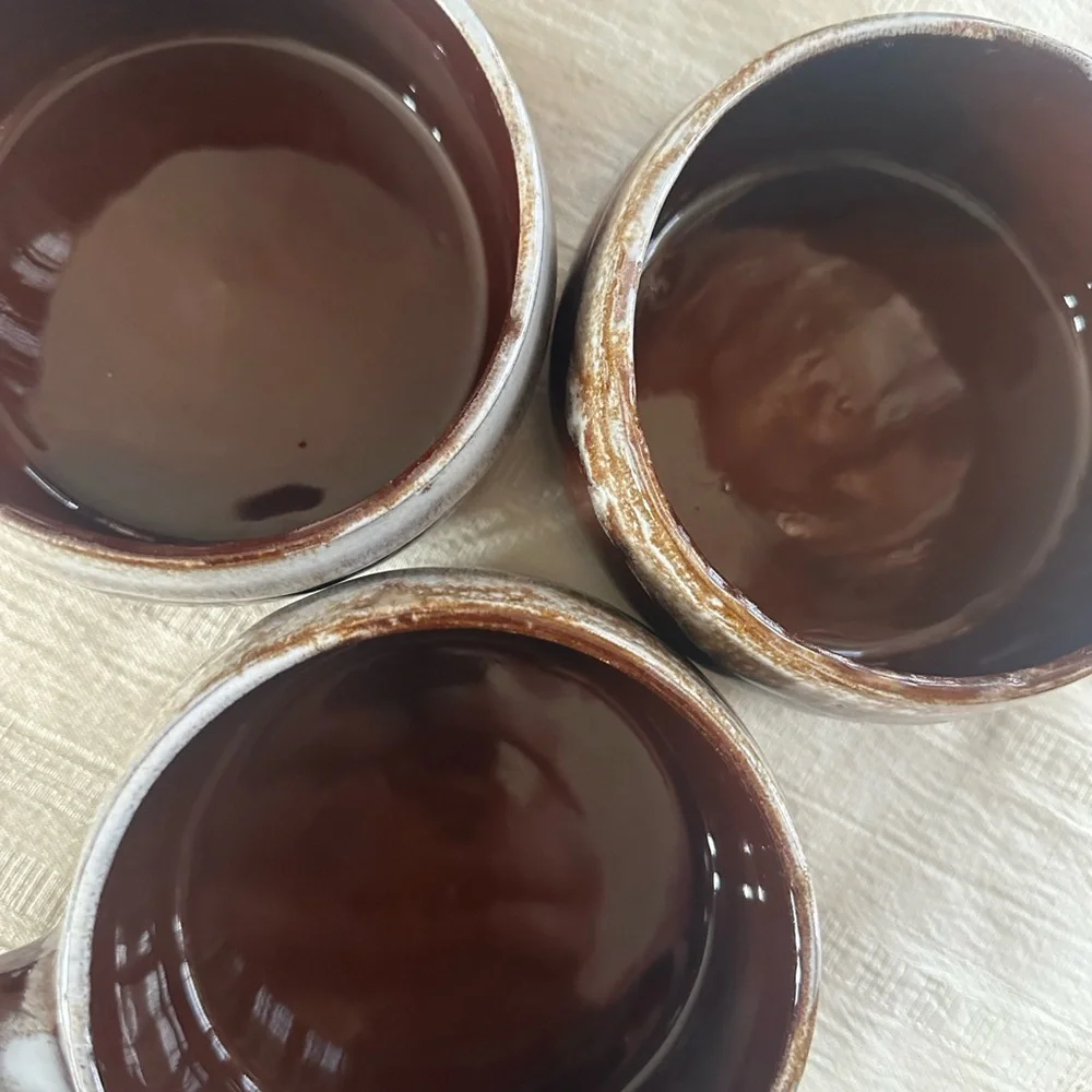 Vintage Japan French Onion Soup Bowls Set 3 Brown Drip Glaze Stoneware